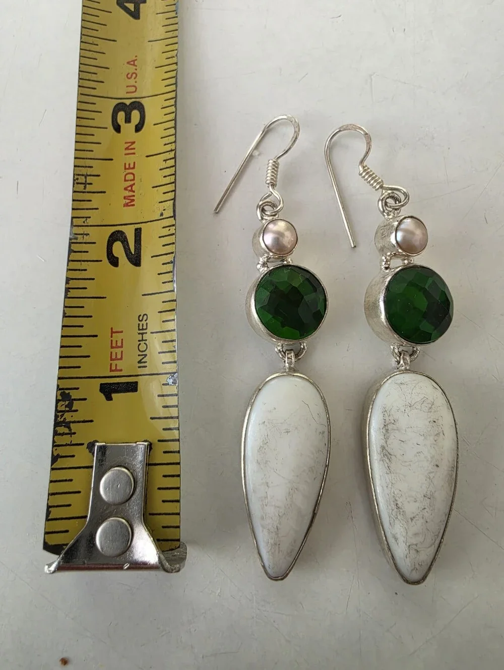 925 Silver Green Crystals, White Buffalo & Pearl Dainty Long Earrings!